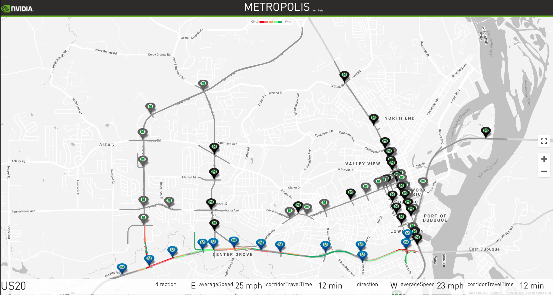 User interface dashboard for Metropolis application showing camera placement at traffic intersections
