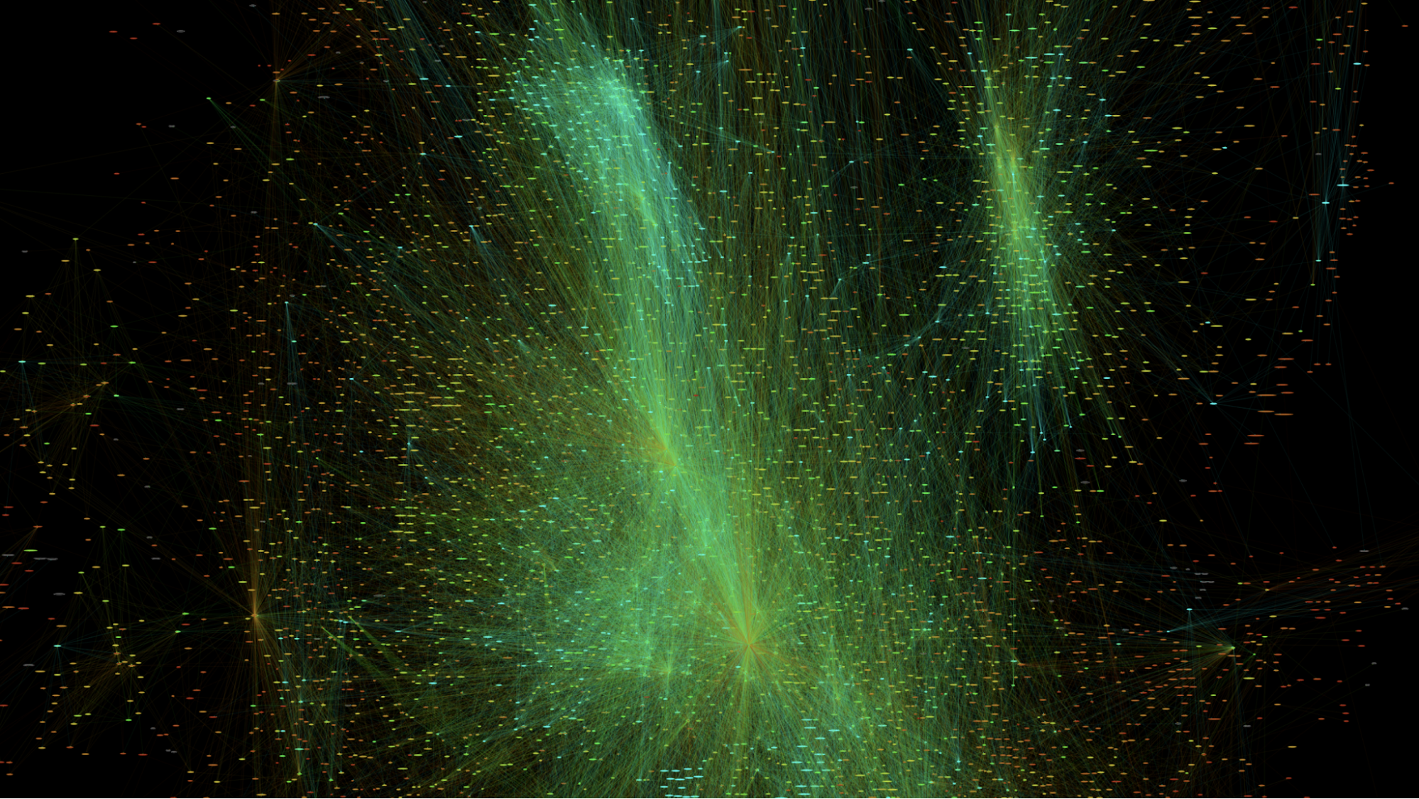 Graphic represents the relationships between all of the software repositories in Fedora Linux, many thousands of green dots cross-connected to appear like a cloud nebula.