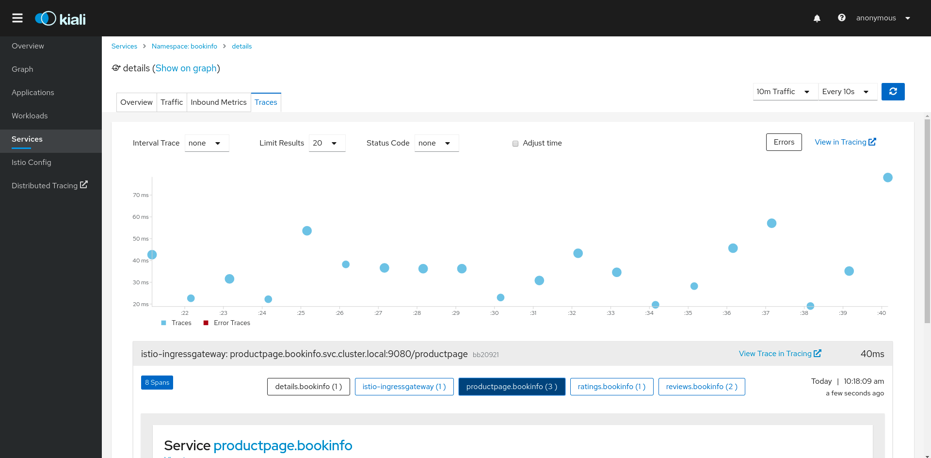 Graph using Jaeger in Kiali to show application tracing