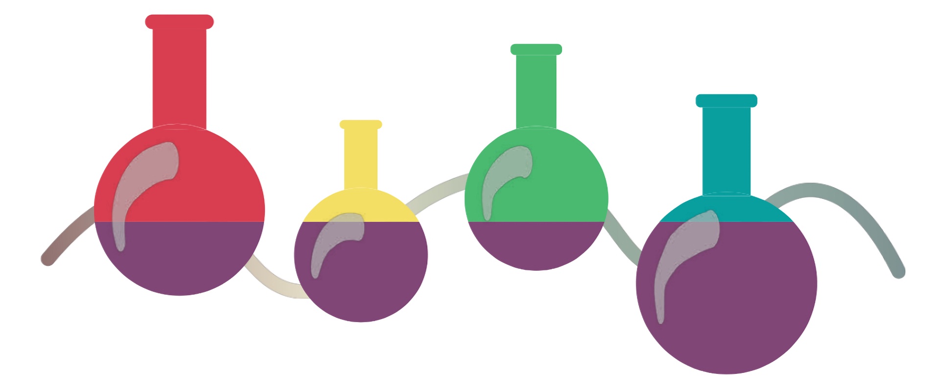 Four lab flasks in a row, colored red, yhellow, green, blue, half-filled wth purple liquid and all connected together in a linear flow