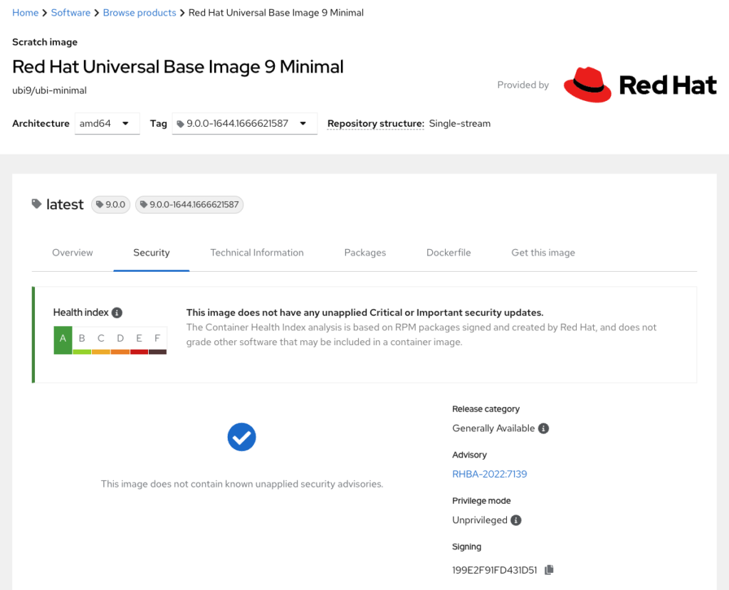 Red Hat catalog page entry for UBI 9 minimal - the foundational container image for a secure build pipeline