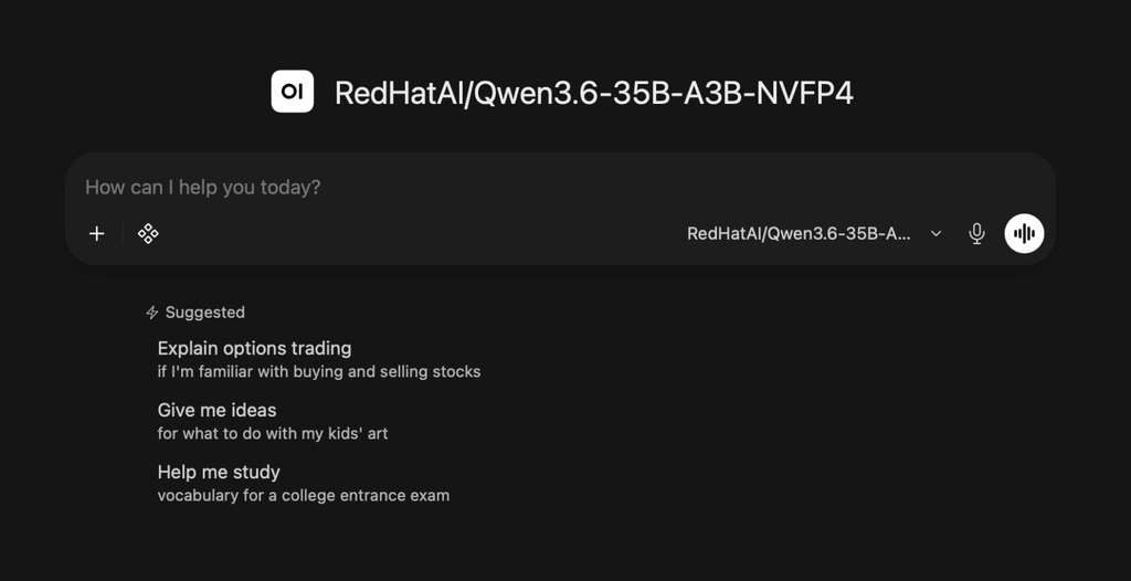 The Open WebUI chat interface for model RedHatAI/Qwen3.6-35B-A3B-NVFP4